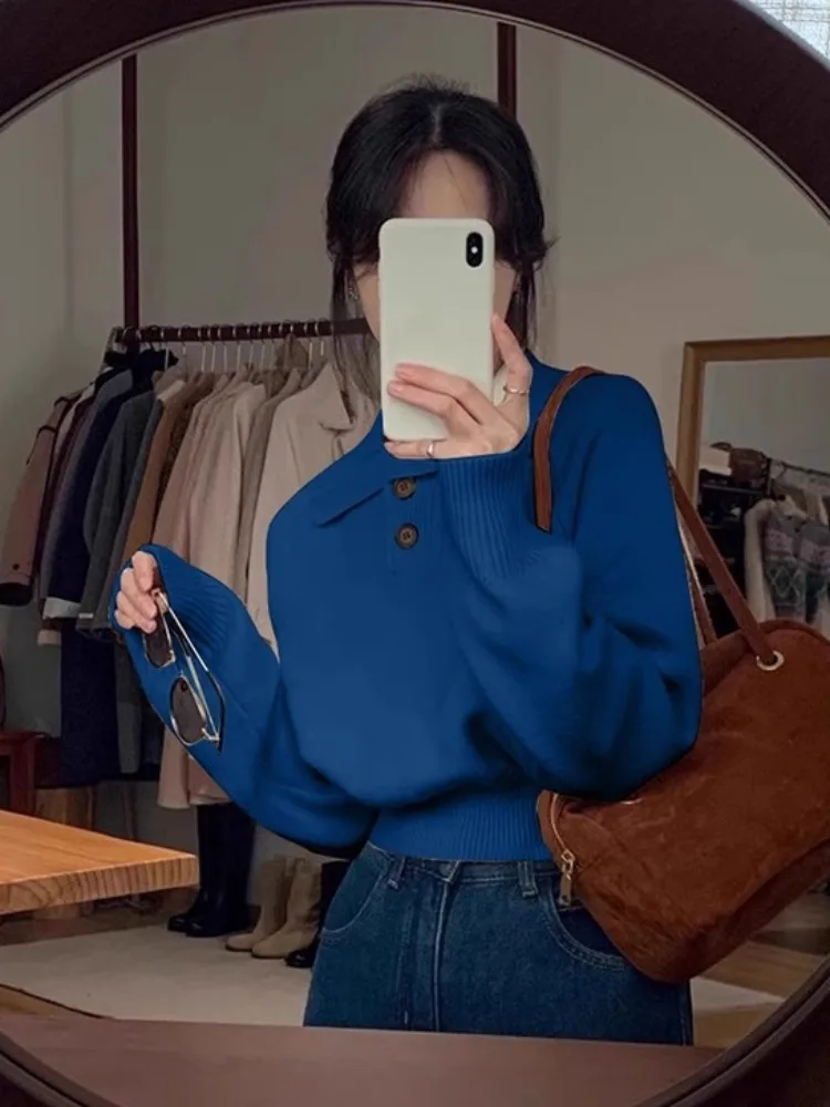 

Синий вязаный свитер Ne Long Sve, женский свободный свитер, осень-зима, внутренняя основа, небольшой топ, для поездок на работу