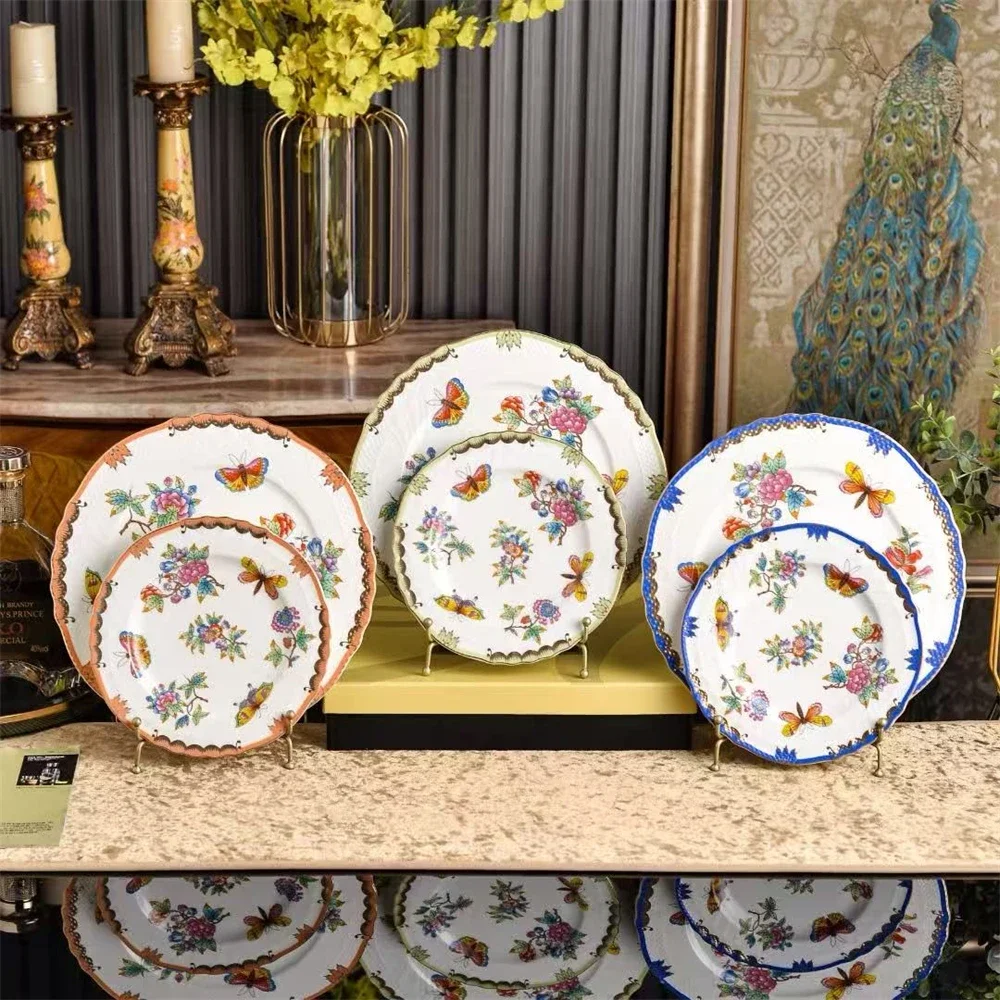 Hungarian Ceramic Size Plate Butterfly Flower Printed Kitchen Supplies Home Western Food Plate Set Gift Box Set Tableware