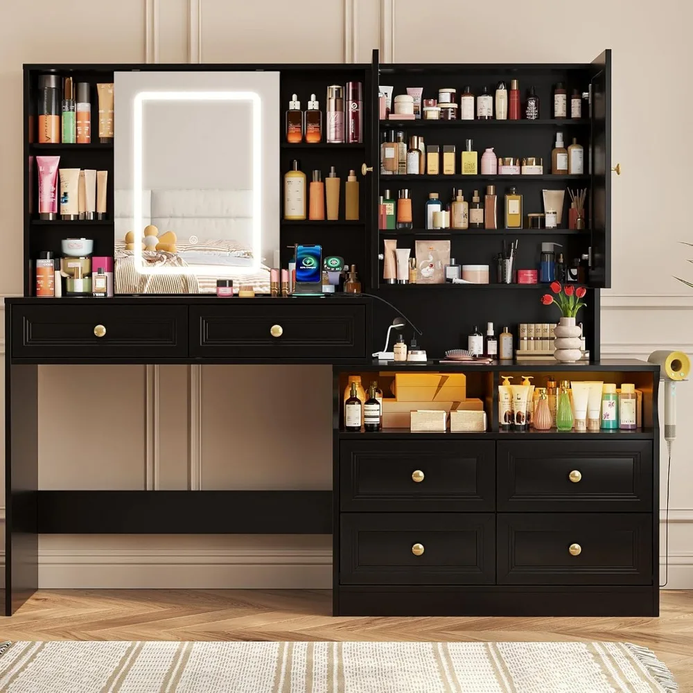 مكتب زينة مكياج أسود كبير فاخر مع مرآة منزلقة، مجموعة منضدة 58.6 طاولة، مخرج طاقة، 6 أدراج وإضاءة لـ U