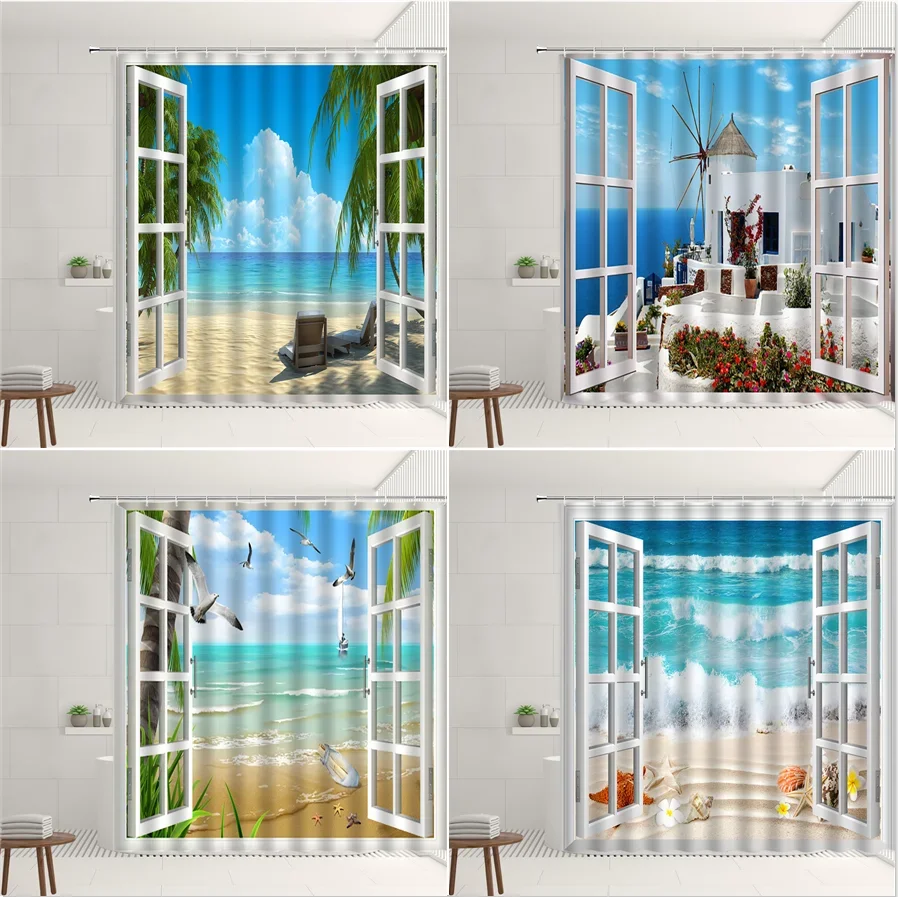 Window Scenery Shower Curtain Ocean Sandy Beach Bathroom Wall Hanging Curtains Blue Sea Sky Scenic Waterproof Screens Home Decor