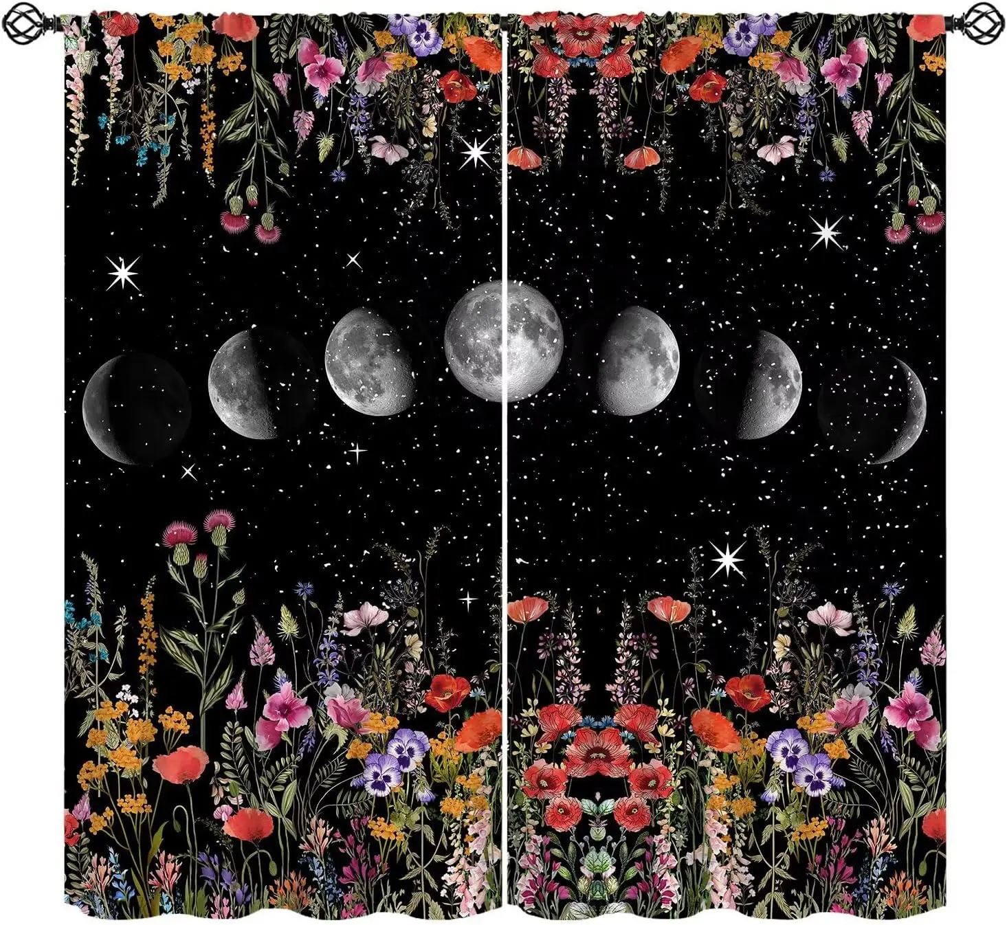Gothic Moon Phase Curtains Retro Goth Fantasy Space Stars Colorful Flower Floral Print Modern Art Blackout Window Treatment for