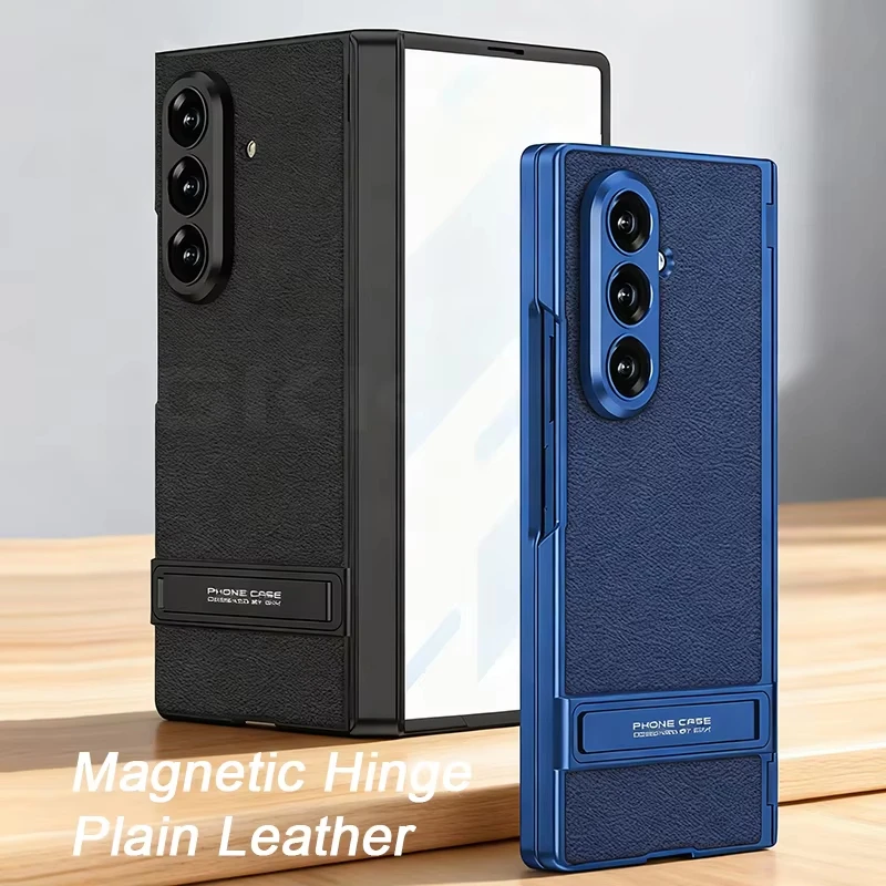 Luxury Plain Leather Stand Case For Samsung Galaxy Z Fold 7 Magnetic Hinge Front Screen Glass Hard Cover For Galaxy Z Fold7 Case