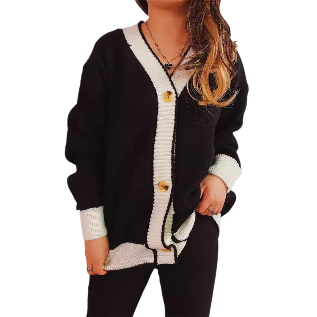 2025 Women Streetwear Casual Patch Knitted Cardigan For Women's Elegant V-neck Long-sleeved Ladies Street Loose Knitted Sweater