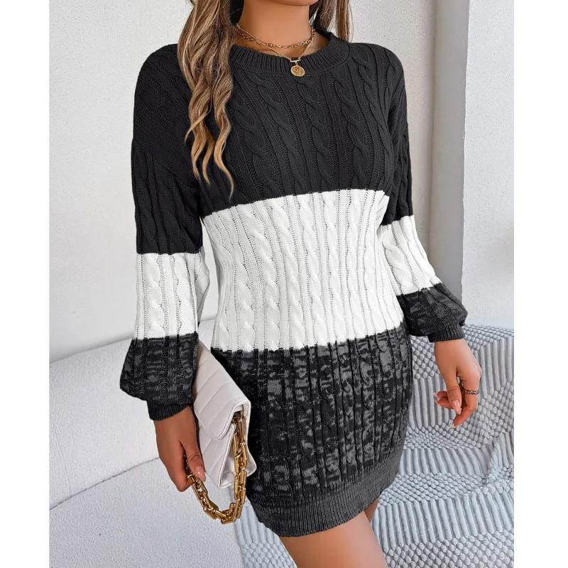 Women\'s Knitted Sweater Dress New Color Blocked Autumn And Winter Elegant Square Collar Button Long Sleeve Sweater Bag Hip Skirt