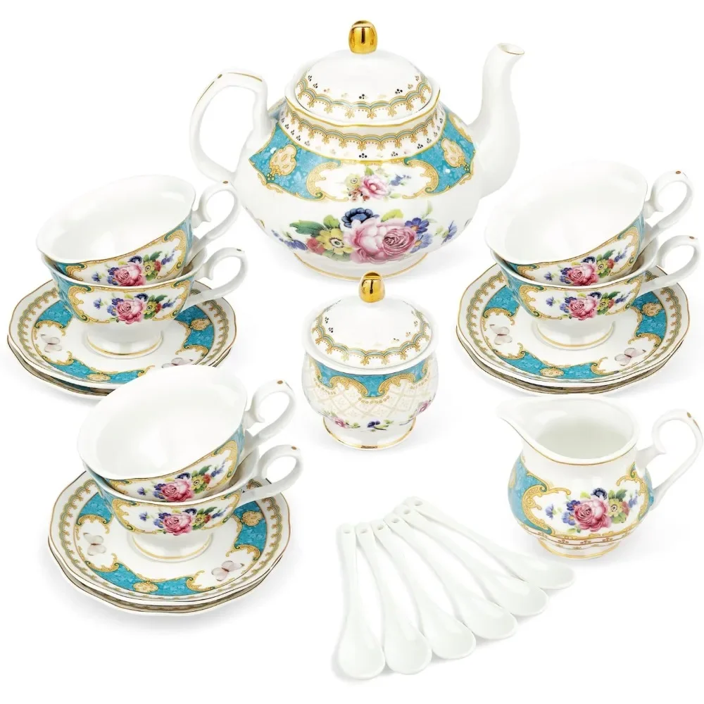 

21 Piece European Porcelain Tea Set, Teal Cups and Saucers Service for 6, Blue Tea Gift Set for Adults