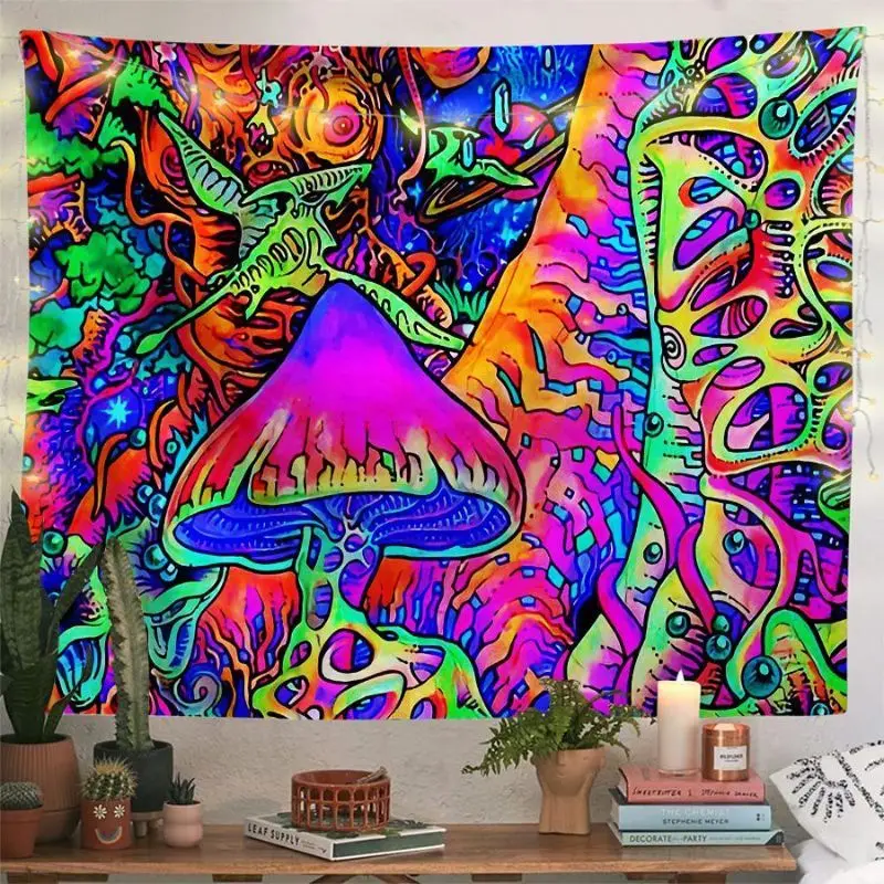 VIKAMA Psychedelic Mushroom Tree of Life Tapestry, UV Neon Landscape Wall Hanging, Aesthetic Bedroom Dorm Home Decor