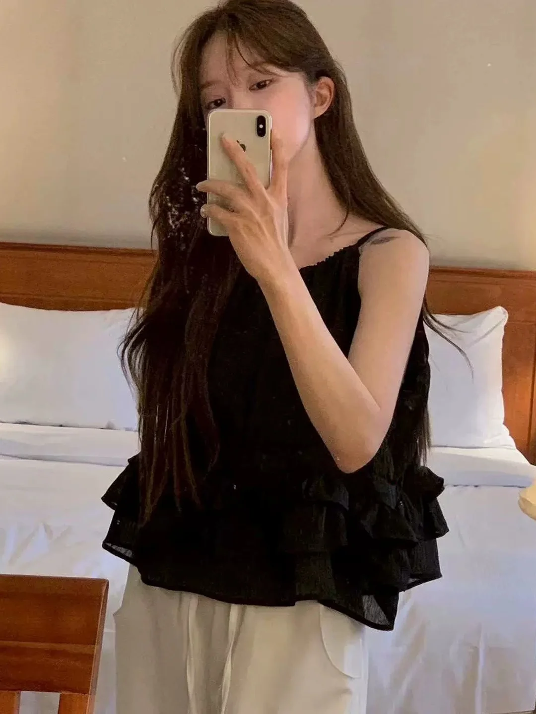 Summer Pure Desire Style Bell Sleeve Strap Vest Women's Clothing Cake  Doll Top Loose Fit Short Length A-Line Vest