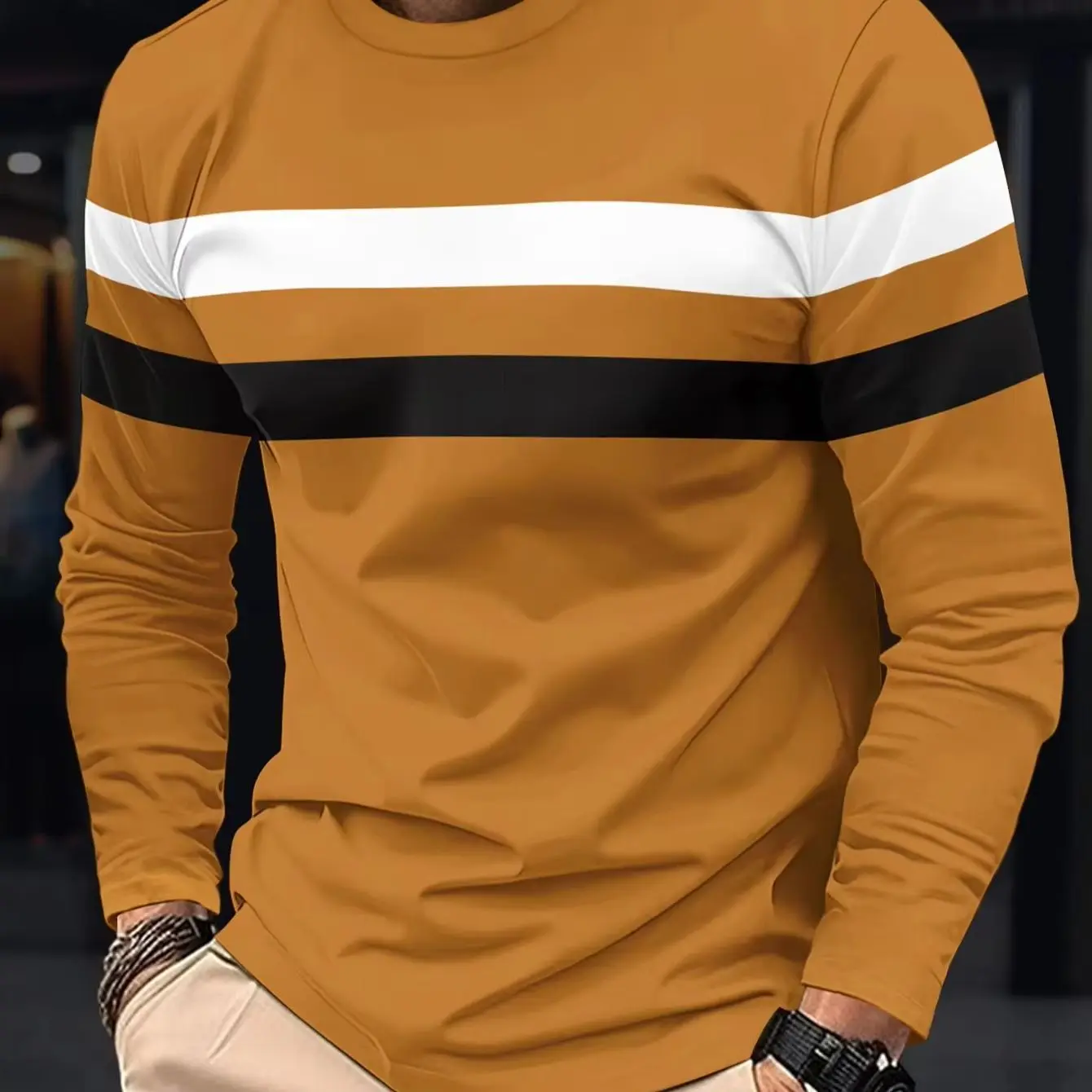 

2024, весенне-осенняя модная мужская футболка с длинным рукавом и круглым вырезом, деловая уличная одежда против морщин, повседневный топ