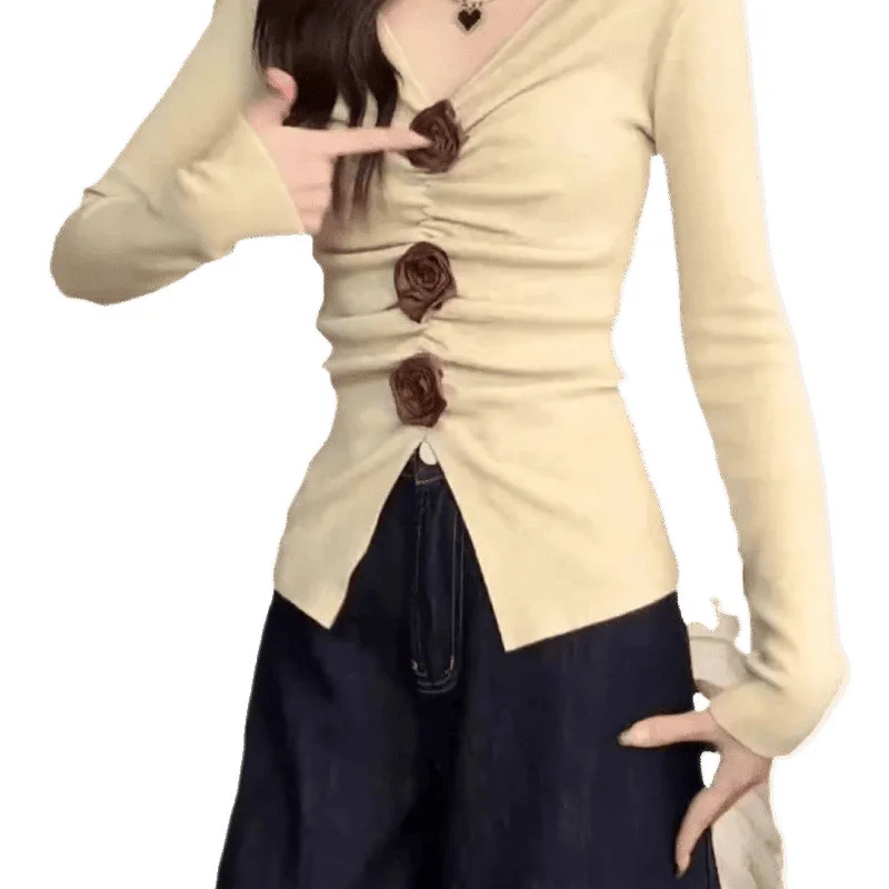 Camisa tridimensional de manga comprida com gola de flor para mulheres na primavera e no outono nova cintura plissada com fenda apertada