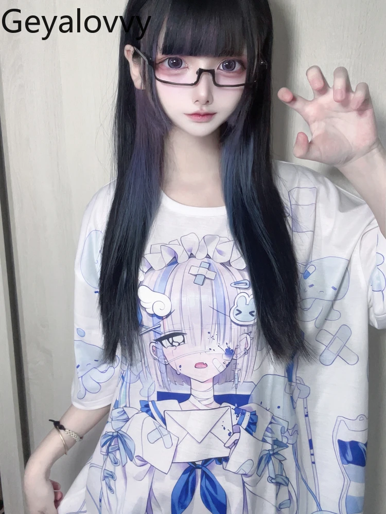 Damskie topy wiosna lato codzienna koszulka z nadrukiem subkultura ciemny japoński styl luźna koszulka damska z okrągłym dekoltem modne