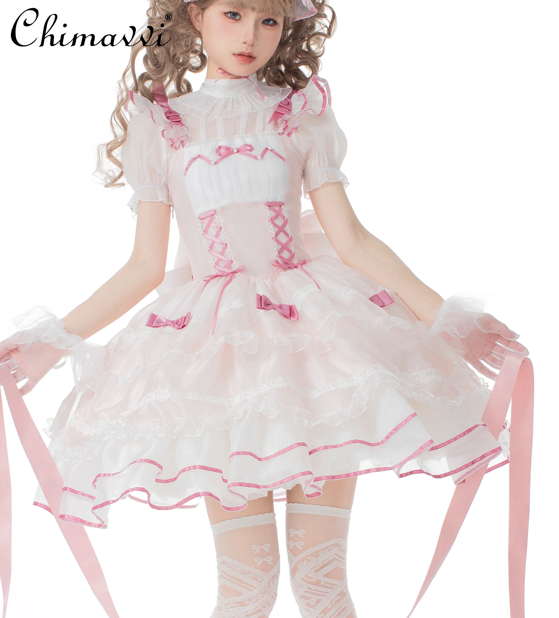 Lolita Ballet Princess Dress for Women Summer Sweet Cute Bow Puff Sleeve Slim Ball Gown Dresses Kawaii Women's Above Knee Dress