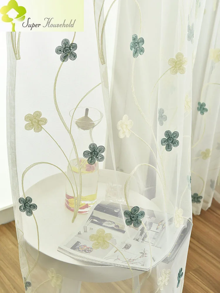 Pastoral Pink White Embroidered Flowers Tulle Voile Curtains for Bedroom Blue Sheer for Living Room Kitchen Window Treatments