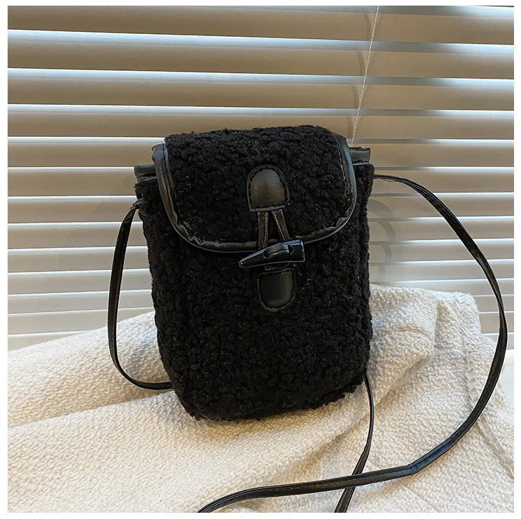 Winter Lambswool Phone Bag Women Faux Fur Shoulder Bags Sweet Lovely Portable Wallets Female Plush Crossbody Bag Square Purse