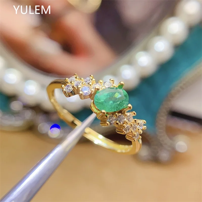 YULEM Jewelry Classic Emerald Engagement Ring for Woman 4*6mm Natural Emerald Ring 925 Silver Emerald Jewelry