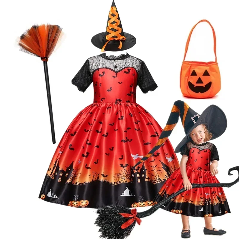 Girl Vampire Halloween Dress For Kid Ghost Bride Gothic Cosplay Vampire Costume Count Vampiran Carnival Outfit Black Red Clothes