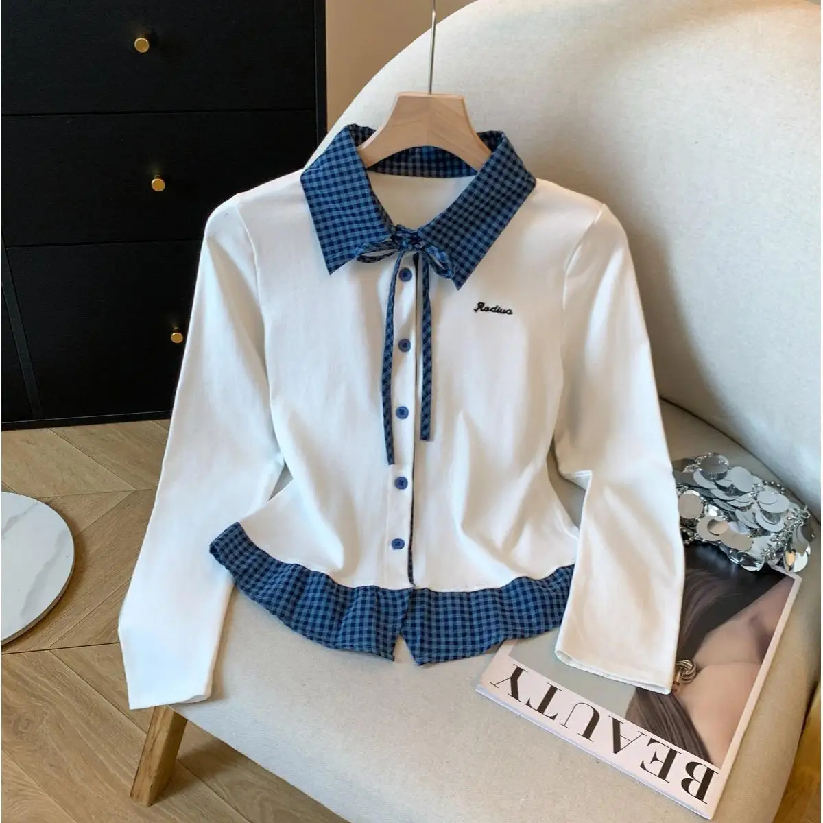 Girls' Fake Two Checkered Long Sleeved Shirts with Patchwork, Children's Spring Autumn College Style Western-style Tops