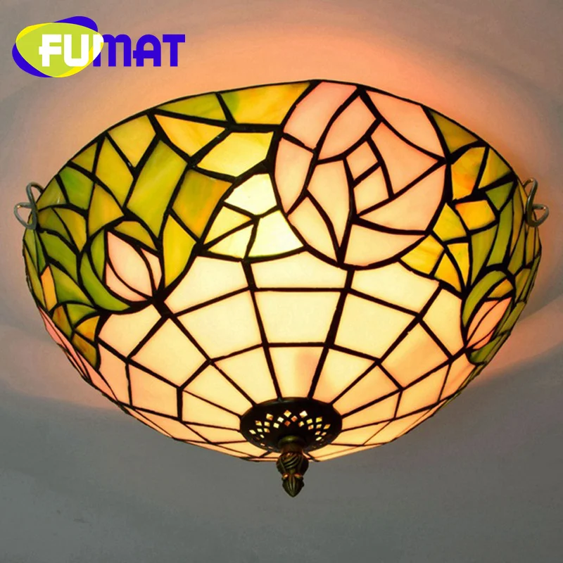 FUMAT Tiffany style stained glass pink rose leaf 12 inch ceiling light overhead light for dining room bedroom hallway LED decor