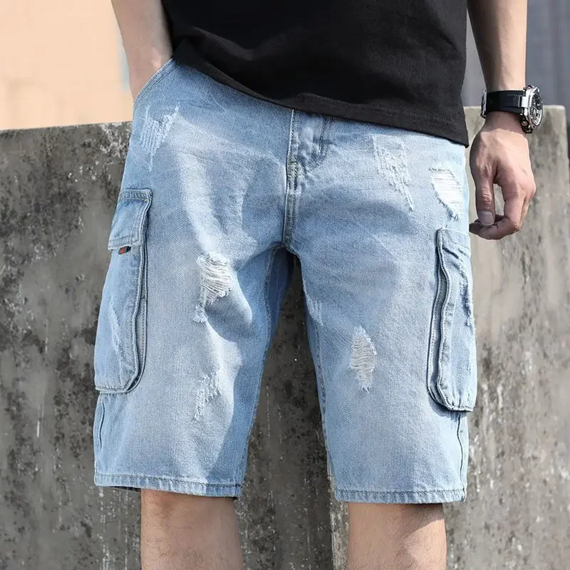 Man Denim Shorts Straight with Pockets Baggy Short Jeans Pants for Men Wide Loose Emo Streetwear Y2k Fashion Retro Blue Buttons