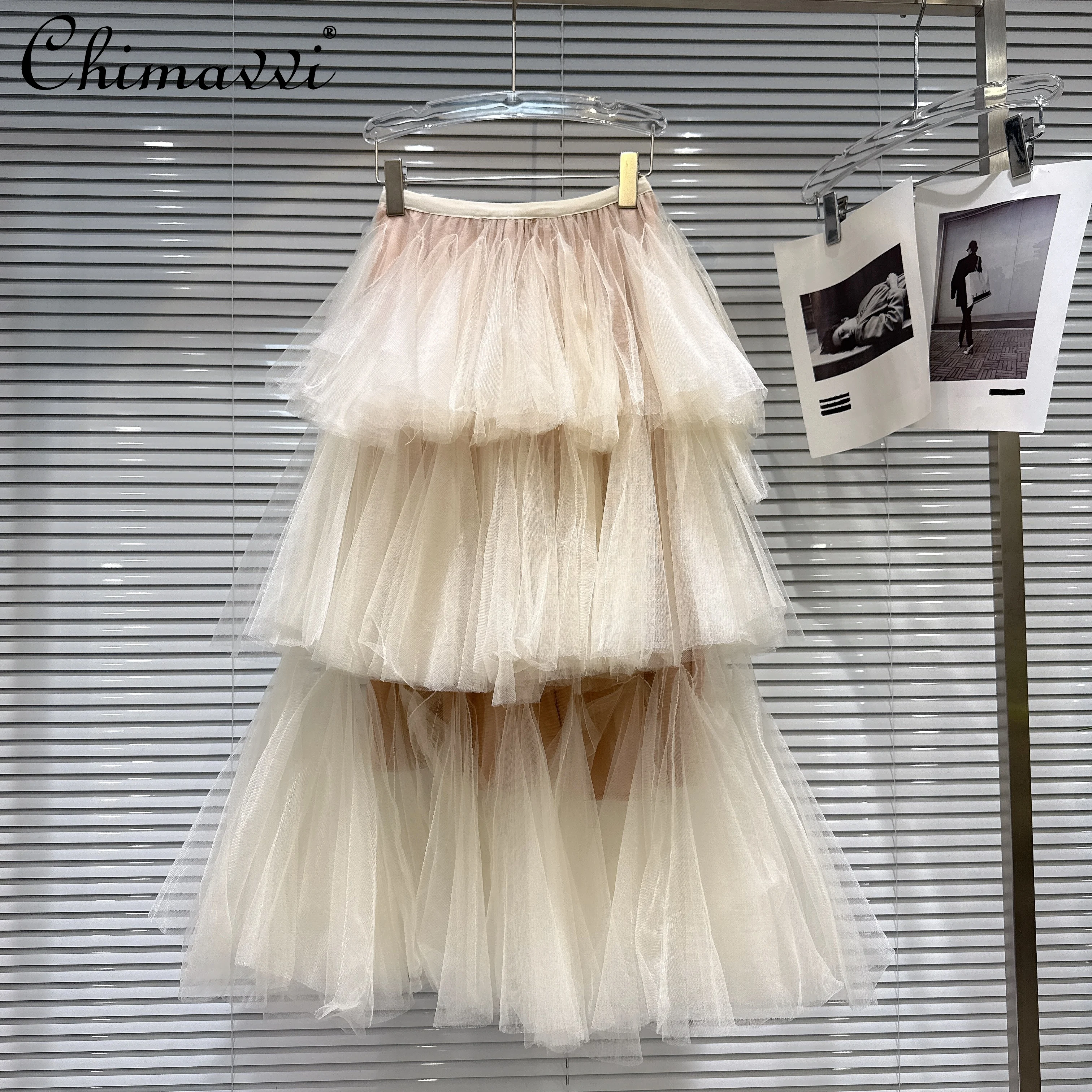 

French Elegant Sweet Ballet Style Elastic High Waist A-line Layered Mesh Cake Skirts For Women Simple Versatile Puffy Long Skirt