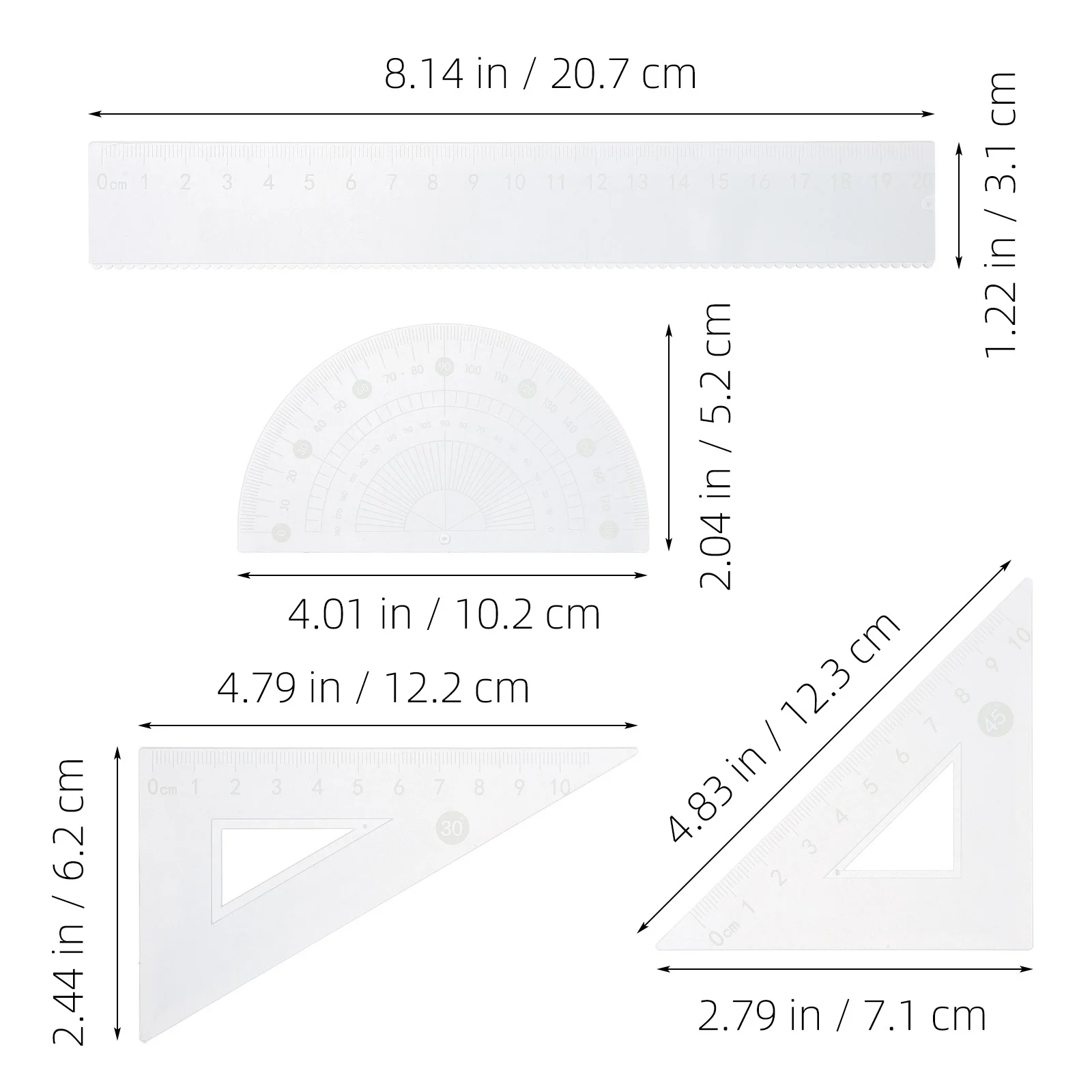 1Set Plastic Clear Ruler Triangular Scale Protractor Math Drawing Measuring Tool for School Office Art Architecture Projects