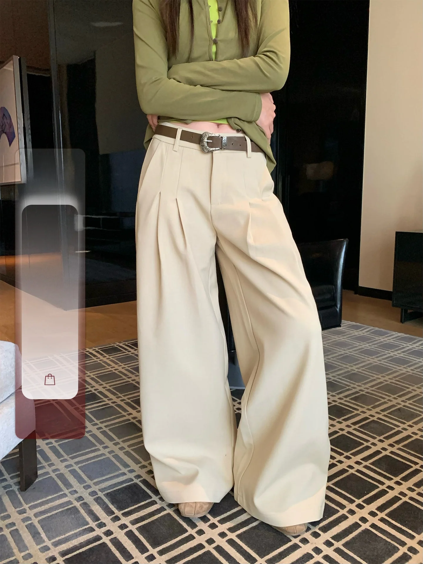 

Khaki Wide Leg Pants Women's Casual Straight Leg Trousers Loose Fit Spring Summer Pressed Pleat Floor Length Casual Pants