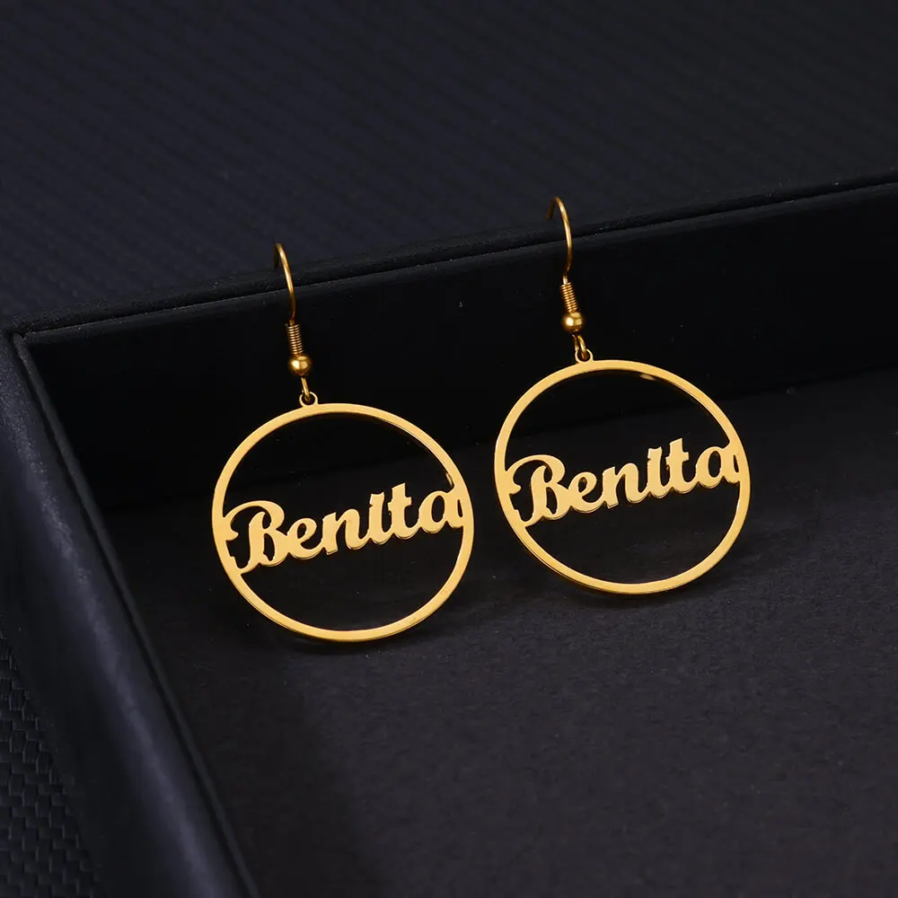 

Custom Round Name Earrings For Women Stainless Steel Customized Drop Dangle Hanging Earring Female Personalized Ear Jewelry Gift