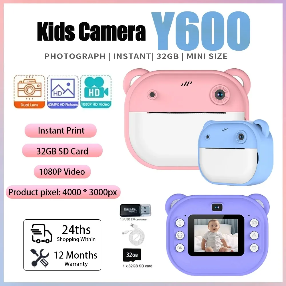 Children Digital Camera Instant Print for Kids Thermal Print Camera Instant Photo Printing Camera Video Toys+32G Memory Card