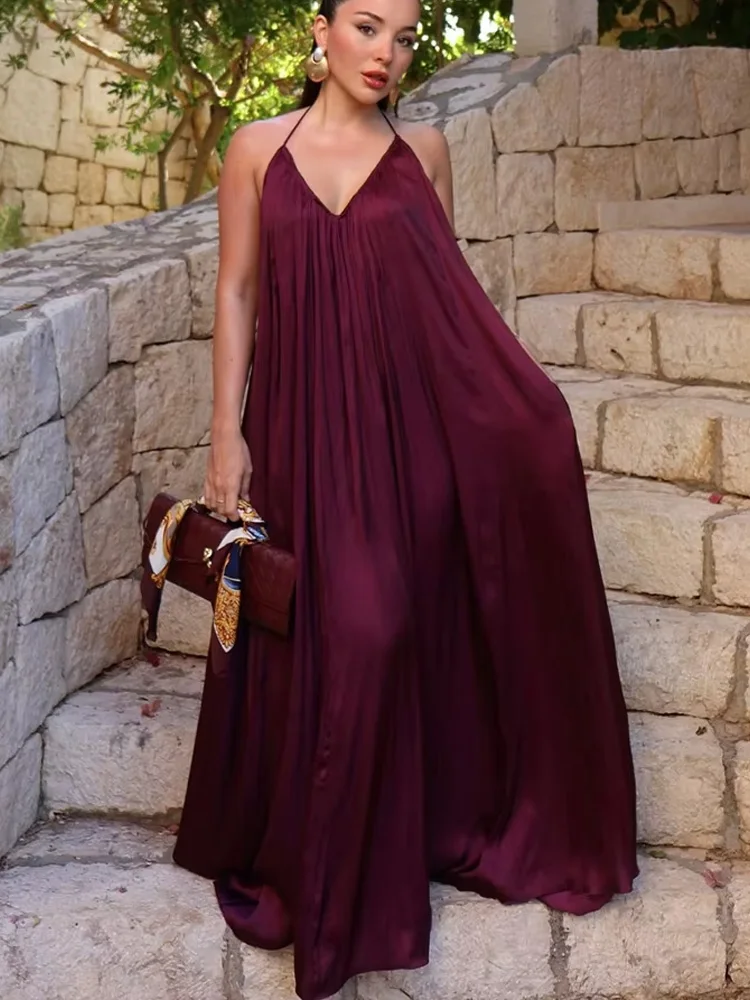 HH Summer Woman Sexy Satin Texture Long Dresses Women O-Neck Dress Sleeveless Backless Pleated Decorate Beach Party Dress