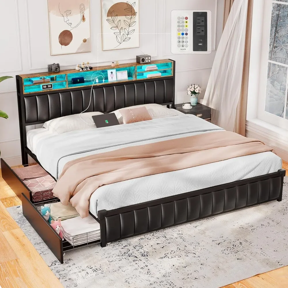 King Bed Frame with 4 Storage Drawers & Headboard, Bed Frame with USB-C & Charging Station, No Box Spring Needed, LED Bed Frame