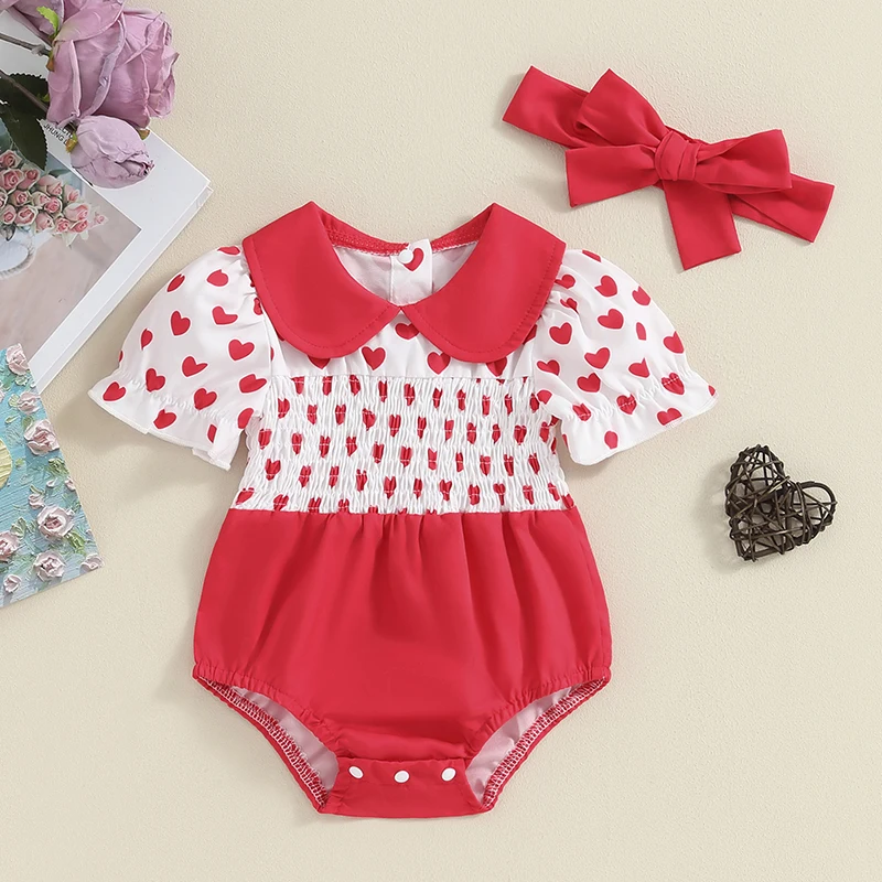 

BeQeuewll Baby Girl Valentine's Day Outfits Heart Print Short Sleeve Romper with Cute Headband Set Summer Clothes