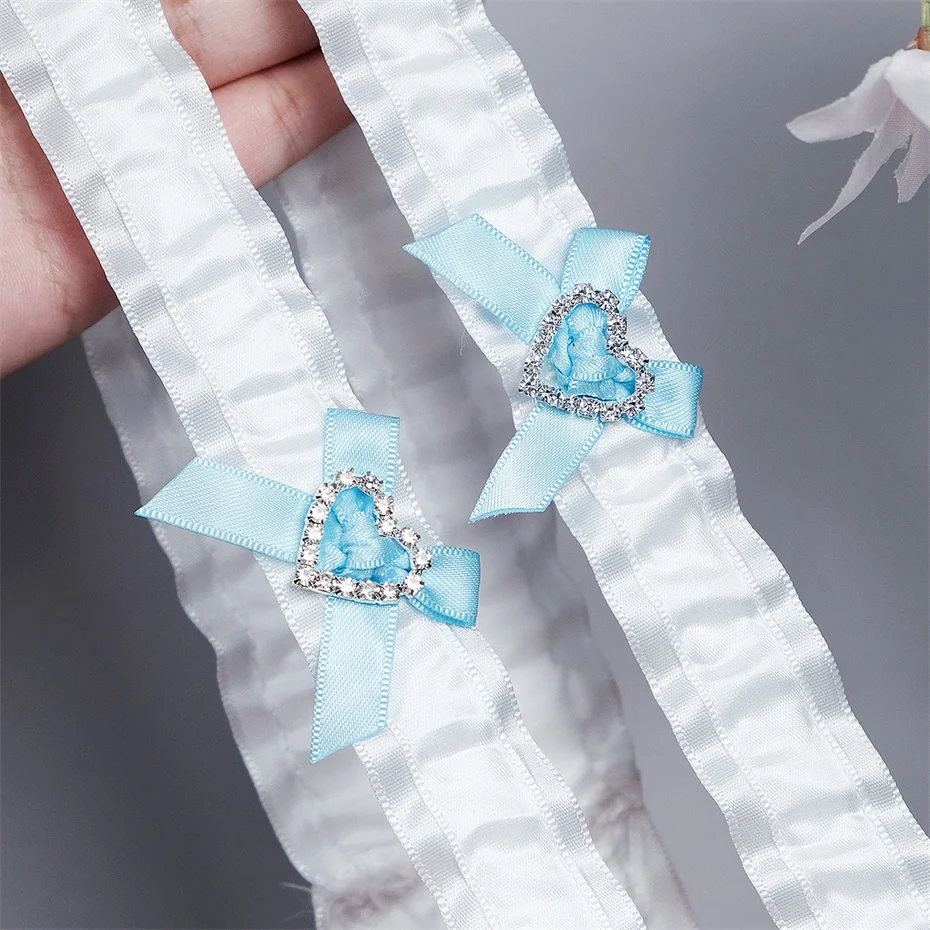 Efily Blue Bow podwiązka ślubna 2 sztuk/zestaw suknia dla panny młodej akcesoria dla kobiet Party Rhinestone Lace Bowknot Bridal podwiązka na nogę