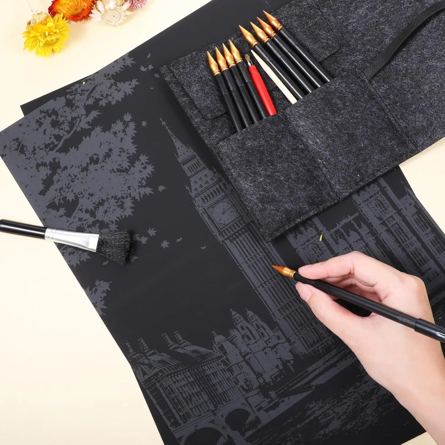 4 قطع من أدوات الرسم للخدش، مجموعة أدوات الرسم بما في ذلك حقيبة الأدوات، وأقلام تلوين الخدش، وأقلام بلاستيكية، وقلم خشبي #6