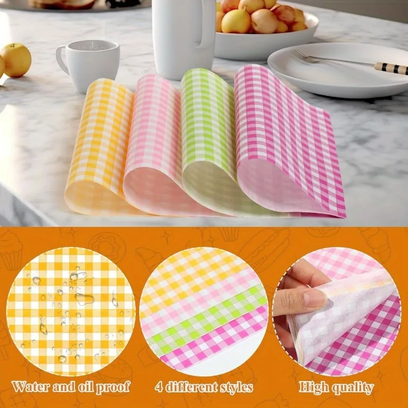 50PCS Checkered Wax Paper Greaseproof Sheets Non-Stick Food Wraps for Sandwiches Burgers Deli Party Fast Food Cheese Baskets