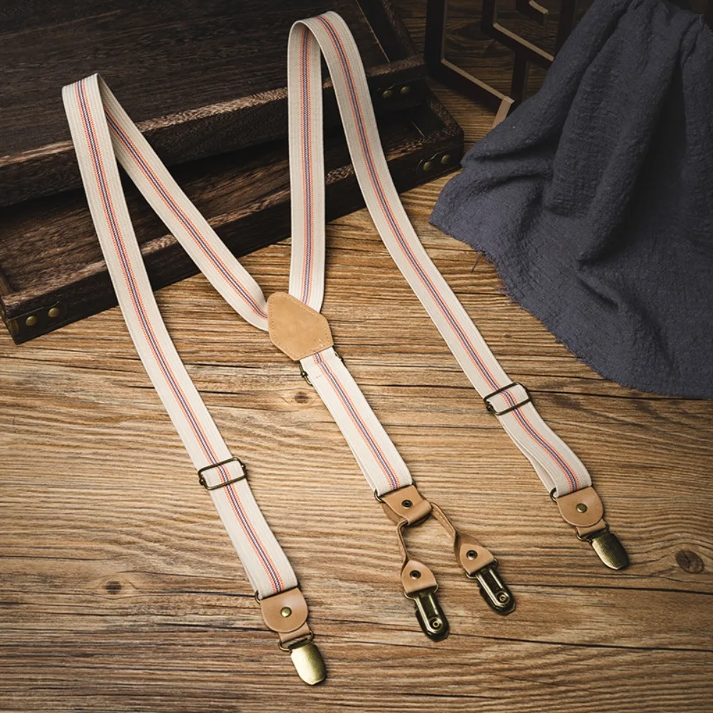 Suspender Retro Kasual untuk Pria, Klip Logam Anti-Selip, Suspender Tipe-Y Gaya Inggris, Aksesoris Jas, Suspender Bergaris dengan Klip untuk Jas