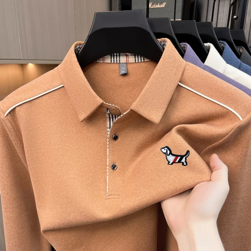 Luxuriöses Herren-Poloshirt mit Stickerei-Print, Herbst-Neuheit, einfarbig, langärmelig, mit Kragen, Business-Casual-Herrenbekleidung – Detail 9
