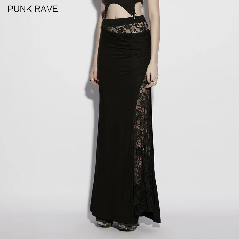 PUNK RAVE Women's Gothic Asymmetrical Pleated Rose Lace & Knitted Skirt Pleat Design Light Beautiful Feeling Dark Long Skirts