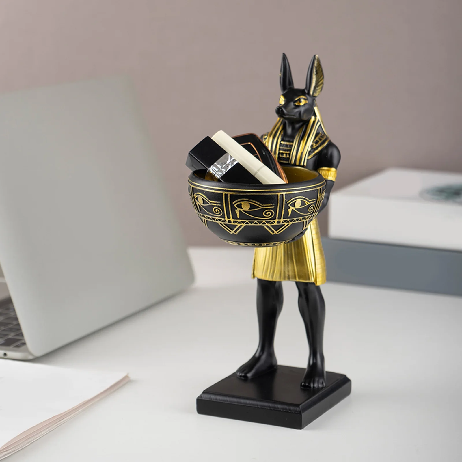 Estatua de Anubis de 25 cm, Figura de Resina del Dios Egipcio con Cuenco, Escultura de Arte del Antiguo Egipto, Decoración del Antiguo Egipto y Organizador de Escritorio