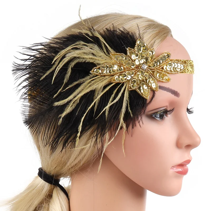 1920s ماكياج الكرة الديكور ريشة عقال غاتسبي حفلة السيدات خوذة فستان عتيق حتى الزعنفة ريشة عقال