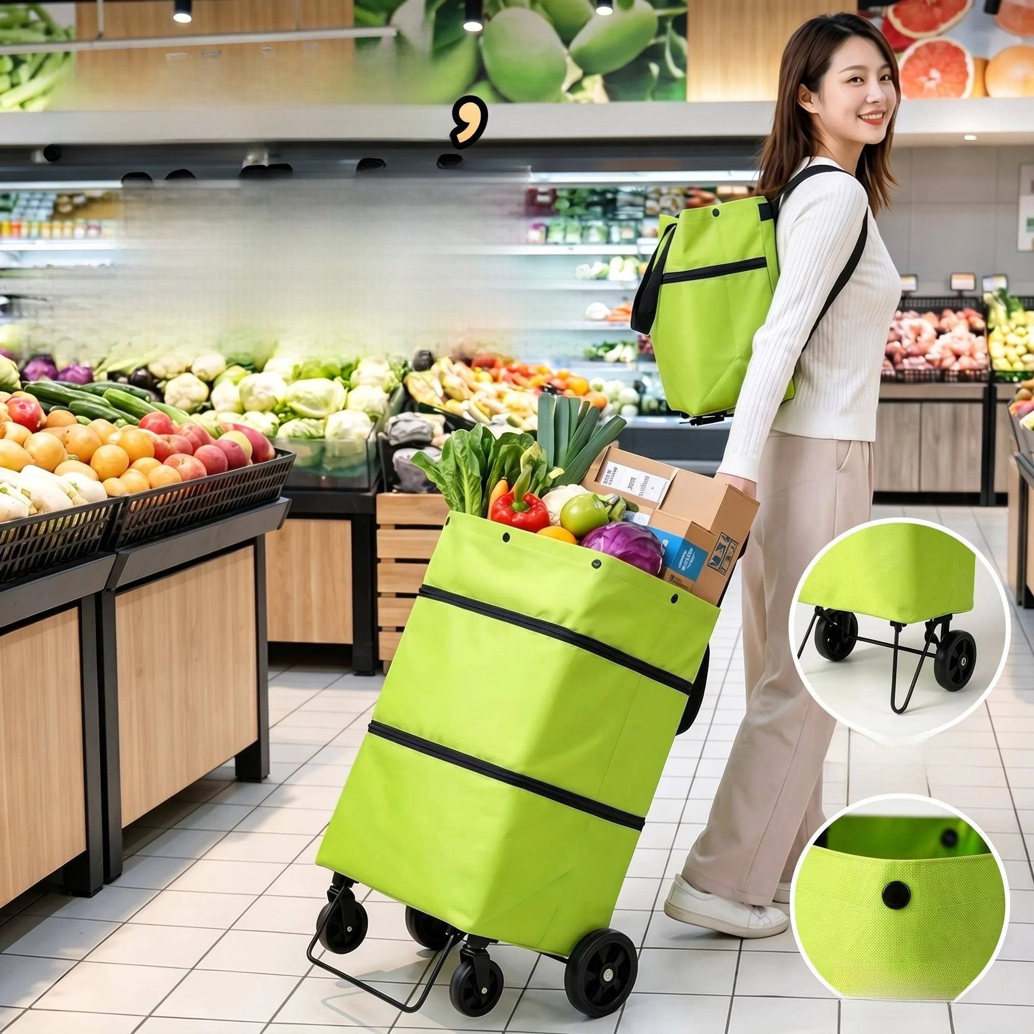 若い女性向け大容量軽量折りたたみ式ショッピングカート、野菜購入用ポータブル食料品バスケット（ホイール付き）