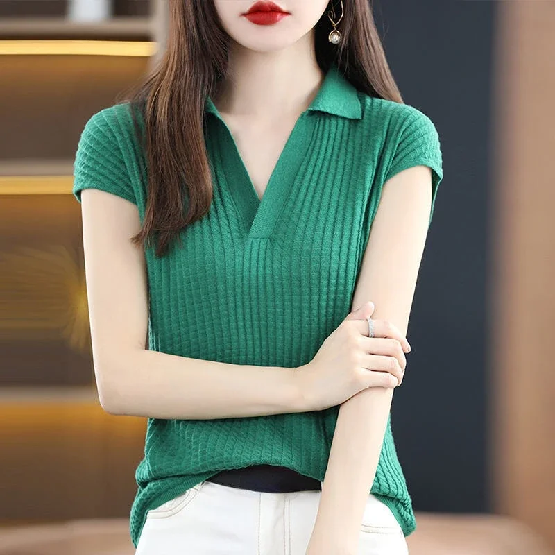 Plain T-shirt Woman Clothing Tops Short Sleeve Tee Knit Polo Neck Shirts For Women New Offer Comfortable Summer 2024 V Luxury