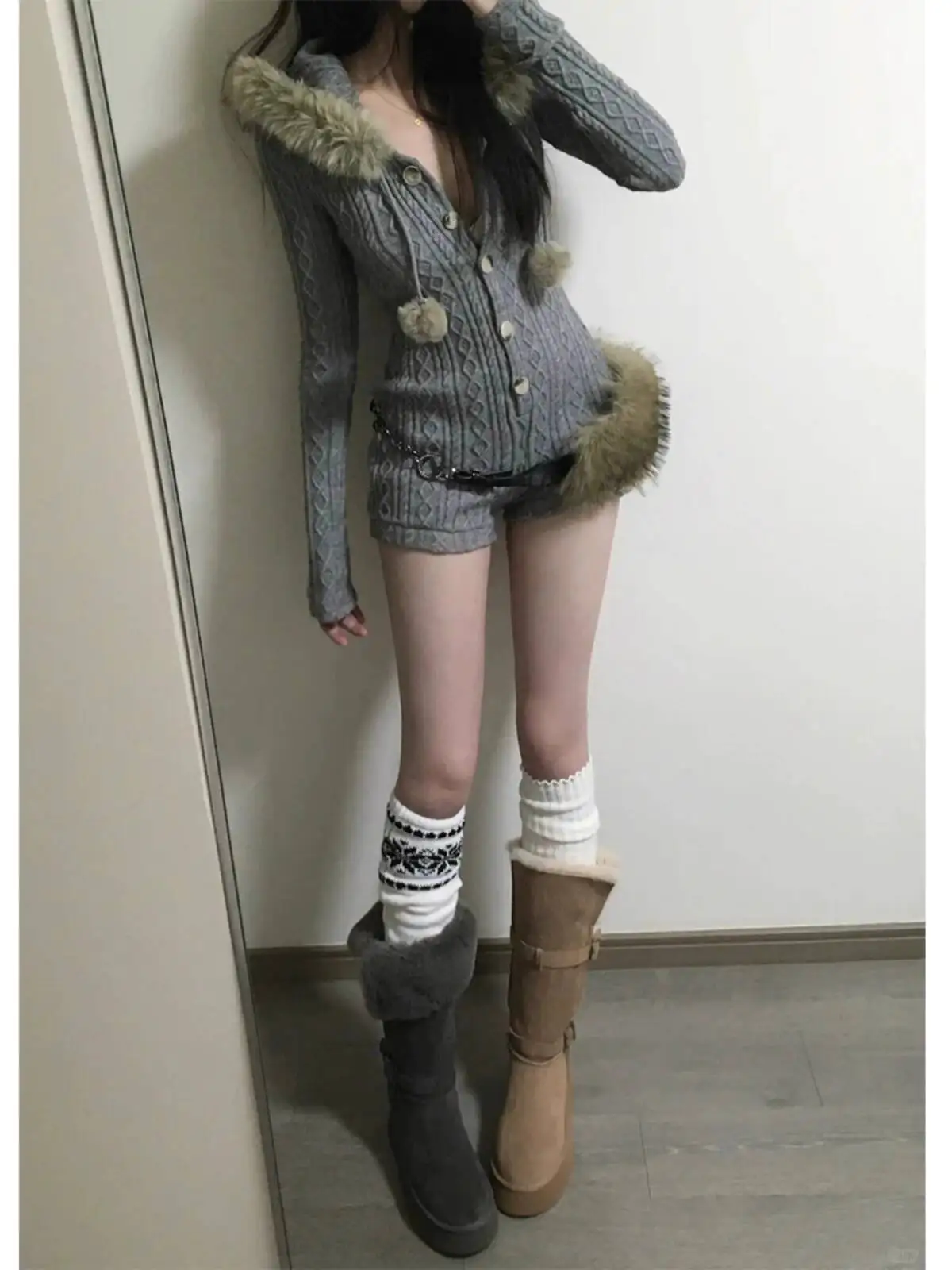 

Women's Fur Hooded Knitting Jumpsuit Sweater 2025 Autumn Winter Knit Long Sleeve Slim Fitting Waist Cinched Loungewear Romper