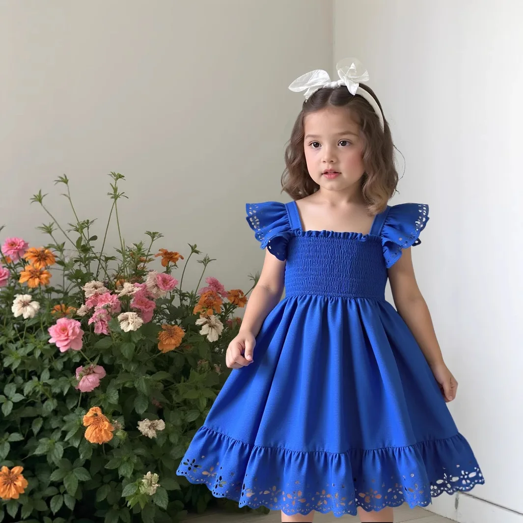 Summer Solid Color Hollow Out Sleeveless Square Neck Casual Dress Fashion and Beautiful Kids Dress