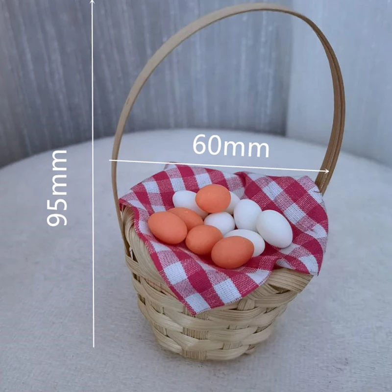 1Set Dollhouse Miniature Egg Basket Red Plaid Frame Kitchen Mini Food Toy Scene Model Pretend Play Toy Dollhouse Accessories