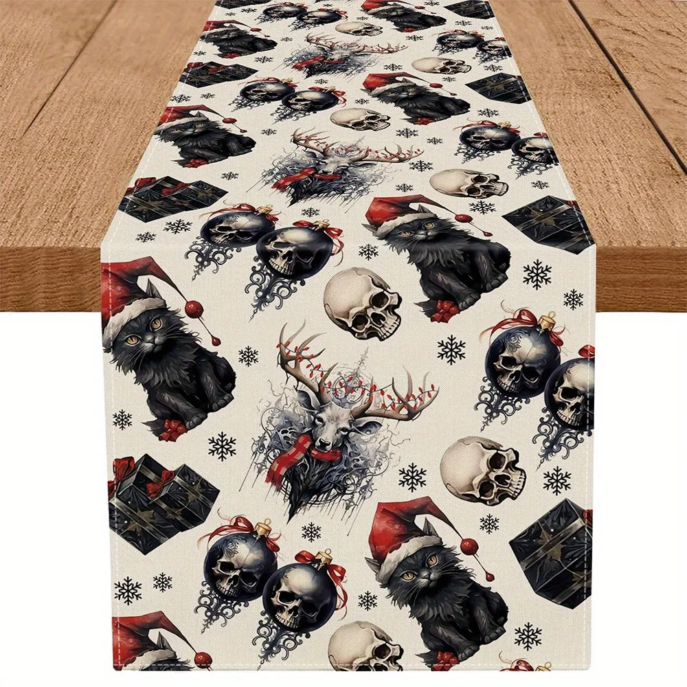 

Gothic Christmas Table Runner - Vintage Black Cat, Skull & Snowflakes Design, Ideal for Seasonal Kitchen Decor, Indoor