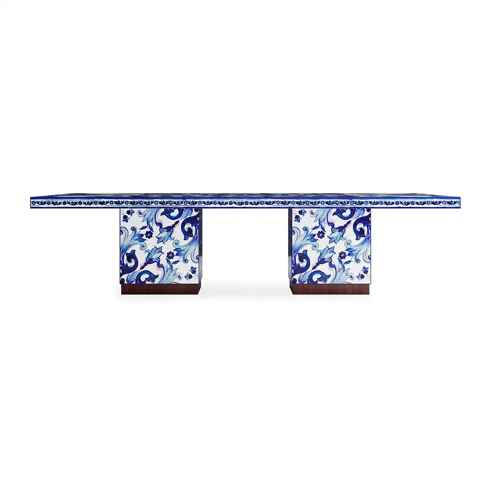 Custom High-End Luxury Dining Table Set Modern White Porcelain Blue with New Chinese National Feature Pattern for Villa Home Use