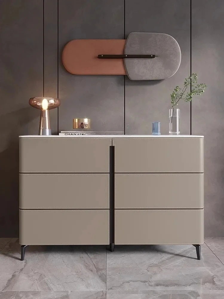 Cassettiera da tè moderna da parete in stile crema di lusso leggero, per soggiorno, per uso domestico, in pelle, con piastra in pietra, cassettiera laterale da pranzo