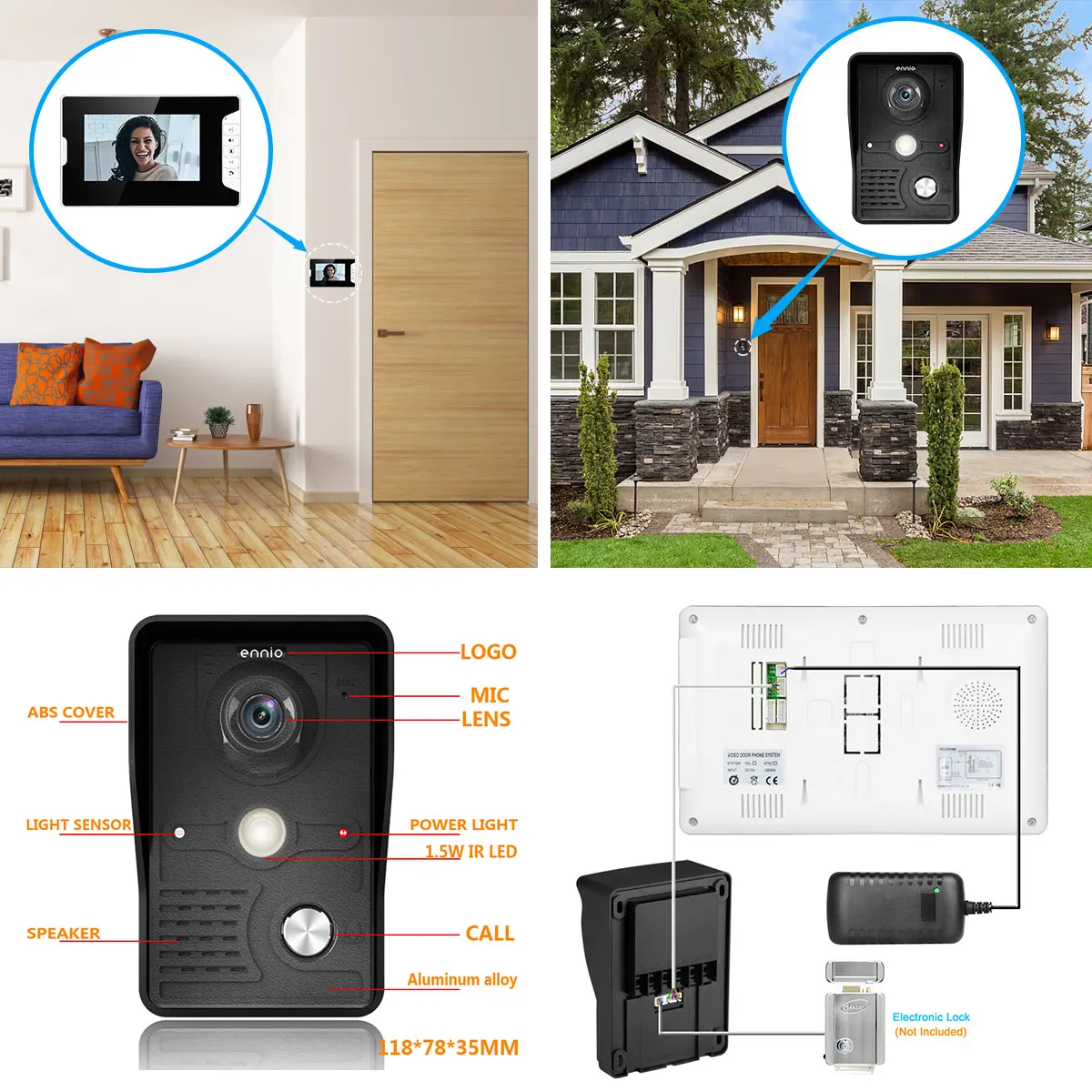 MOUNTAINONE 7\'\' TFT LCD Wired Video Door Intercom Unlock System Kit Video Doorbell Phone Rainproof IR Camera for Home Villa