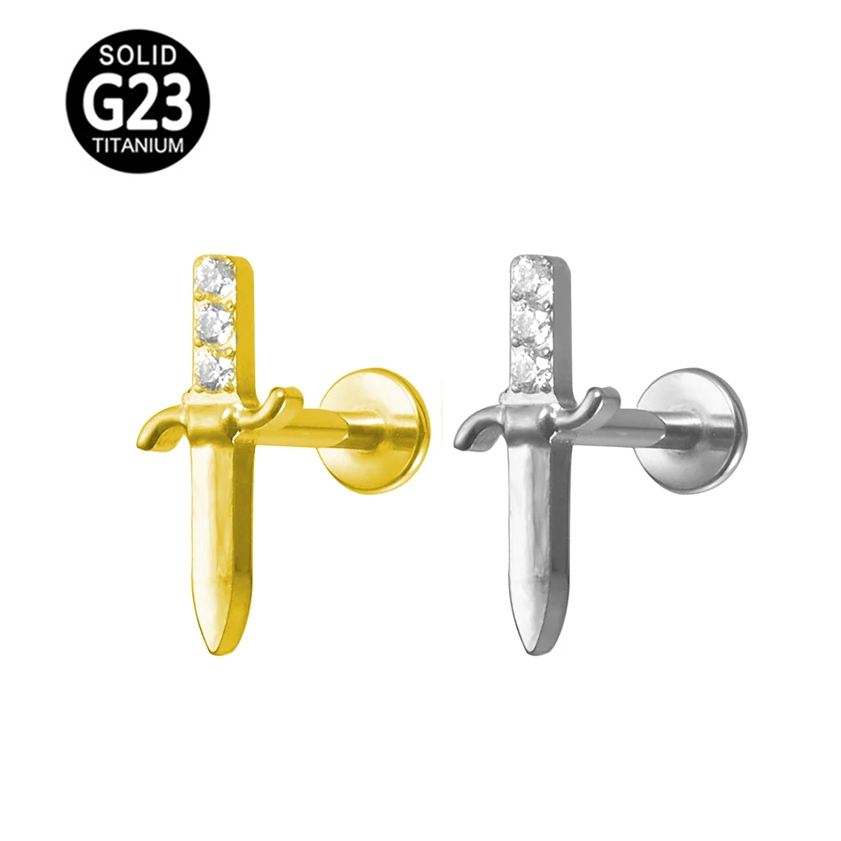 The sword Zircon Labret Studs 100%ASTM F136 G23 Titanium Internal Thread Tragus Pircing 16G Earrings Body Jewelry