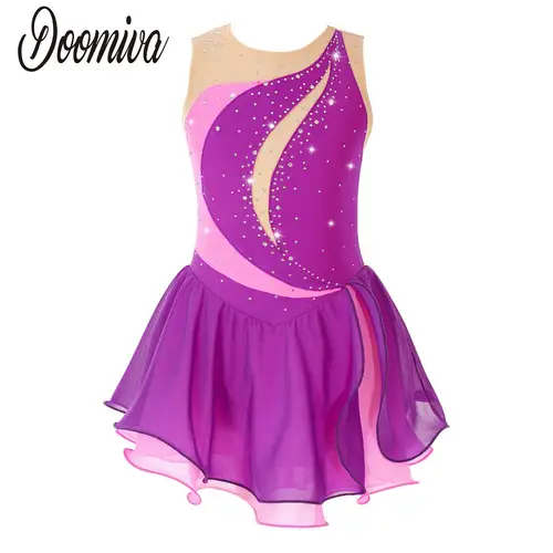 Vestido de patinaje artístico de gasa para niñas, sin mangas, con purpurina, vestido de patinaje sobre hielo, vestidos de gimnasia, Jersey de Ballet, leotardo