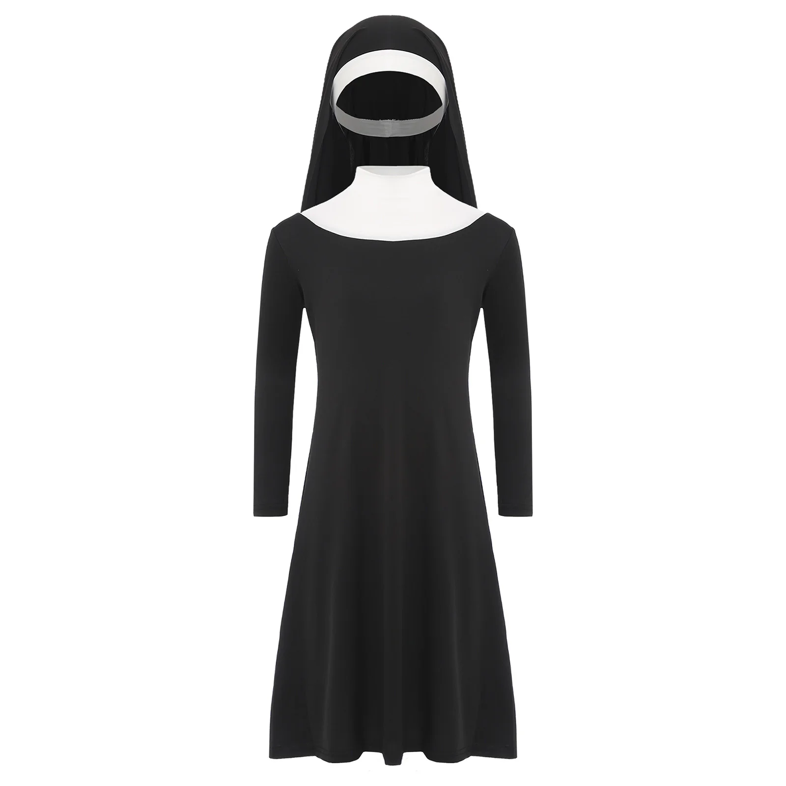 Girls Nun Religious Catholic Priest Sister Costume Traditional Nun Stretchy Outfit Dress Nun Hat Halloween Cosplay Costume view 3